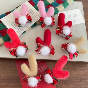 Pinces À Cheveux Bois De Renne Noël Peluche Nœud Écossais Doux Coiffe Festive Pour Filles Forme Bois De Renne Mignon