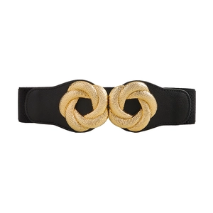 Women's black elastic wide waist belt with elegant gold-tone knotted metal buckle