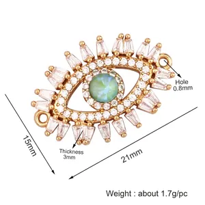 Micro pave Evil Eye jewelry connector with green center stone and white zircon crystals