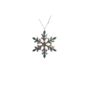 Resin snowflake ornament with colorful donut sprinkles and silver hanging string