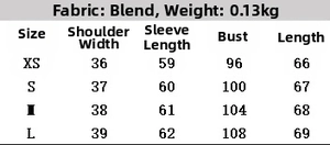Detailed size chart for women casual drape shirt showing XS to L measurements in cm