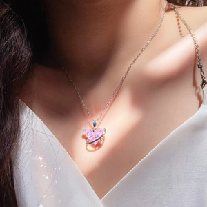 Collar Colgante Corazón Planeta Rosa Dulce Cobre Circonita Cadena Clavícula Joyería Para Mujeres Niñas Regalo Elegante