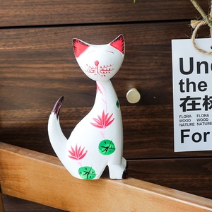 Nordic creative hand-painted wooden cat figurine with red lotus motifs for home decor