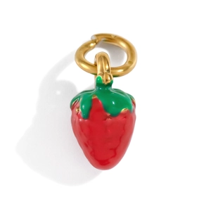 Detailed view of a red strawberry pendant with green leaves and 18K gold plated loop