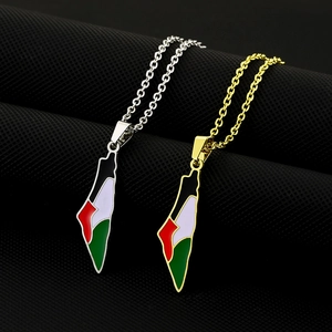 Palestine Map Pendant Necklace Stainless Steel Enamel Flag Colors Arabic Calligraphy Retro Geometric Ethnic Jewelry