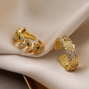 Geometric Braided Leaf Adjustable Open Ring Copper 18K Gold Plated Cubic Zirconia Fashion Jewelry For Women