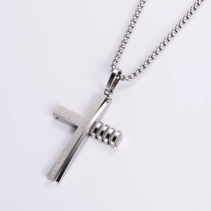 Hip hop stainless steel necklace with silver textured cracked cross pendant for men