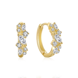 Close-up of S925 silver gold-plated hoop earrings with sparkling marquise and round stones