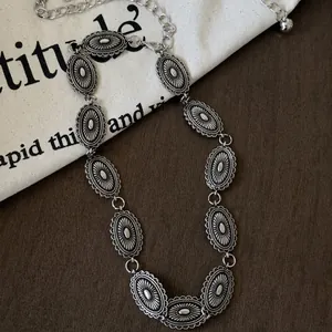 Vintage bohemian silver butterfly heart waist chain with embossed oval metal link charms