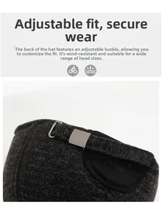 Macro detail of wool baseball cap with adjustable metal buckle and textured fabric