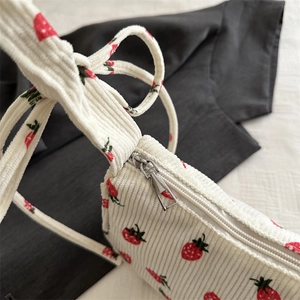 White corduroy strawberry pattern small square shoulder bag with metal zipper