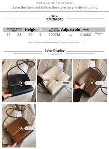 Guide des tailles pour le sac bandoulière en cuir PU montrant les dimensions et le poids
