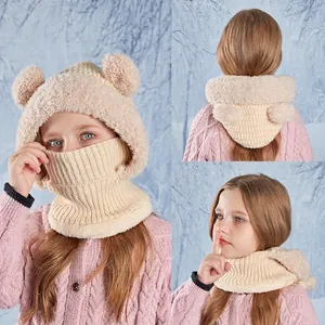 Children Winter Integrated Hat Mask Neck Warmer Cute Bear Ears Knitted Plush Lining Windproof Warm Balaclava Boys Girls