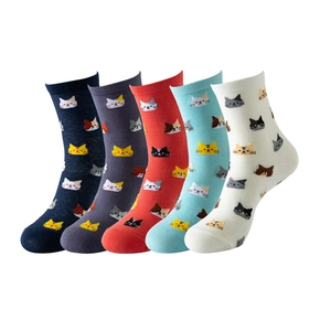 Detail showing five pairs of colorful mid-calf cotton socks with cartoon cat face patterns