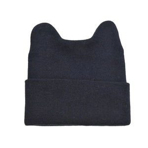Winter black knit beanie featuring cute cat ears and a classic ribbed cuff for women