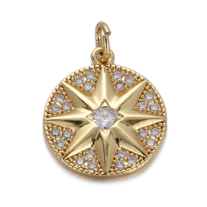 Detailed view of round gold pendant featuring an octagonal star with sparkling cubic zirconia