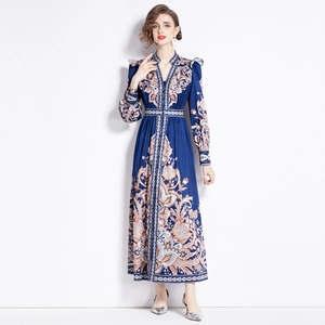 Vintage paisley V-neck maxi dress with lantern sleeves and a belted waist in navy blue