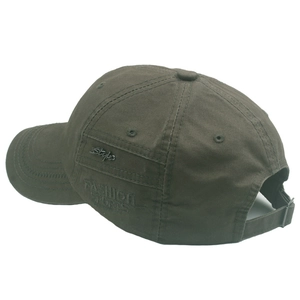 Detail view of deep olive cotton baseball cap featuring side embossed fashion logo and buckle