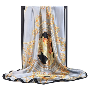 Baroque style silk scarf with grey gold horse head print and greek key patterns