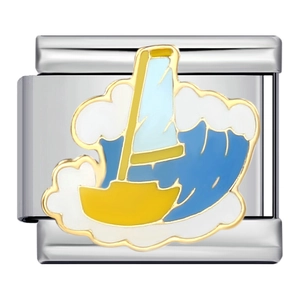 Italian charm bead in stainless steel with a yellow sailboat enamel design for DIY bracelets
