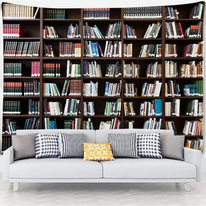 Detailed realistic bookshelf tapestry hanging above a sofa for modern room decoration