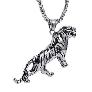 Wild tiger pendant necklace in vintage silver stainless steel with detailed animal carving