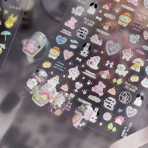 Detailed relief nail stickers featuring cute white puppies, pink bears and hearts