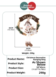 Detailed size and weight specs for Christmas snowman and reindeer wooden welcome wreath