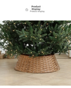 Detail view of woven dark brown Christmas tree collar on wooden floor with festive lights