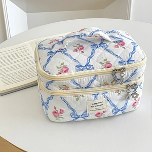 Détail d'une trousse à maquillage matelassée avec nœuds bleus et motifs de roses roses