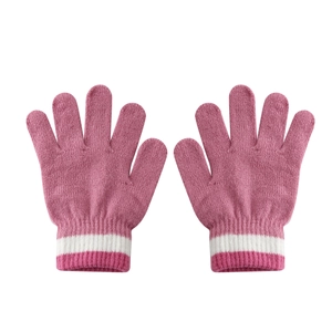 Winter kids rose pink knitted gloves with white stripe ribbed cuffs for warmth