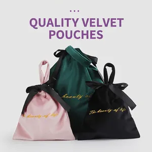 Velvet Drawstring Bag Portable Storage Pouch With Ribbon Bow Gold Embroidery For Jewelry Cosmetics Gift Packaging