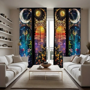 Detail of stained glass style curtains with moon, stars, and floral patterns in navy blue