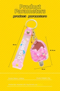Detail view of pink popsicle liquid keychain with size specs and 9cm PVC strap