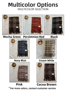 Detailed grid view of plaid fringe scarves in various colors including mocha and cocoa brown