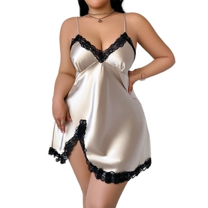 Plus size champagne gold satin chemise with black lace trim and sexy side slit
