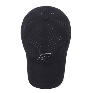 Men's black breathable mesh baseball cap with stylish laser-cut holes and embroidered logo