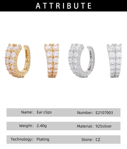 Macro detail of S925 sterling silver ear clips with CZ stones and technical specifications