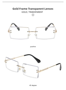 Detail of rimless square sunglasses with gold metal temples and transparent lenses