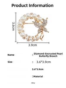Detailed view of 3.6x3.9cm butterfly pearl brooch with dimensions and product specifications