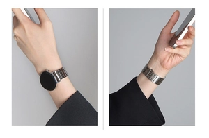 Dual view of silver stainless steel metal link watch band for smartwatches on wrist