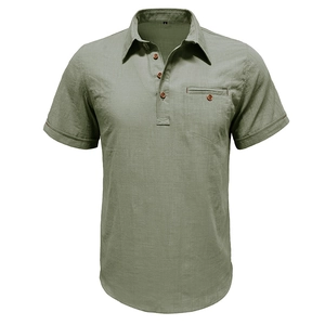 Detail of olive green cotton linen shirt featuring buttoned neckline and chest pocket