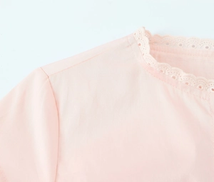 Close-up of pink round neck blouse showing delicate lace trim and flutter sleeve detail