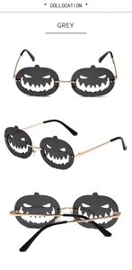 Detailed views of gold metal pumpkin sunglasses with grey lenses for Halloween costumes