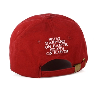 Red cotton baseball cap back view with white embroidery and bronze metal buckle