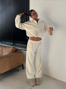 Women Fleece Half Zip Sweatshirt And Wide Leg Pants Solid Color Long Sleeve Casual Loungewear Sporty Warm Loose Fit