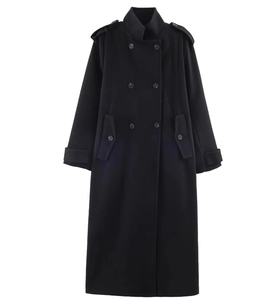 Close-up of black double-breasted coat featuring shoulder epaulettes and classic lapels