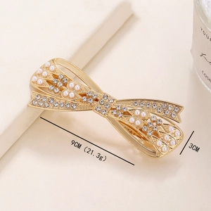 Elegant gold bow hair clip with pearls and rhinestones 9cm length fashion accessory