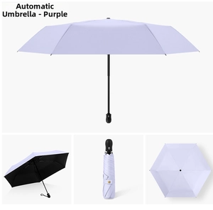 Detailed views of automatic purple folding umbrella with black UV protective coating