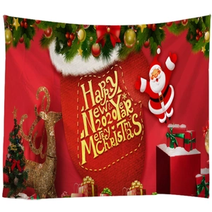 Festive red Christmas wall tapestry featuring Santa, reindeer, and Happy New Year text